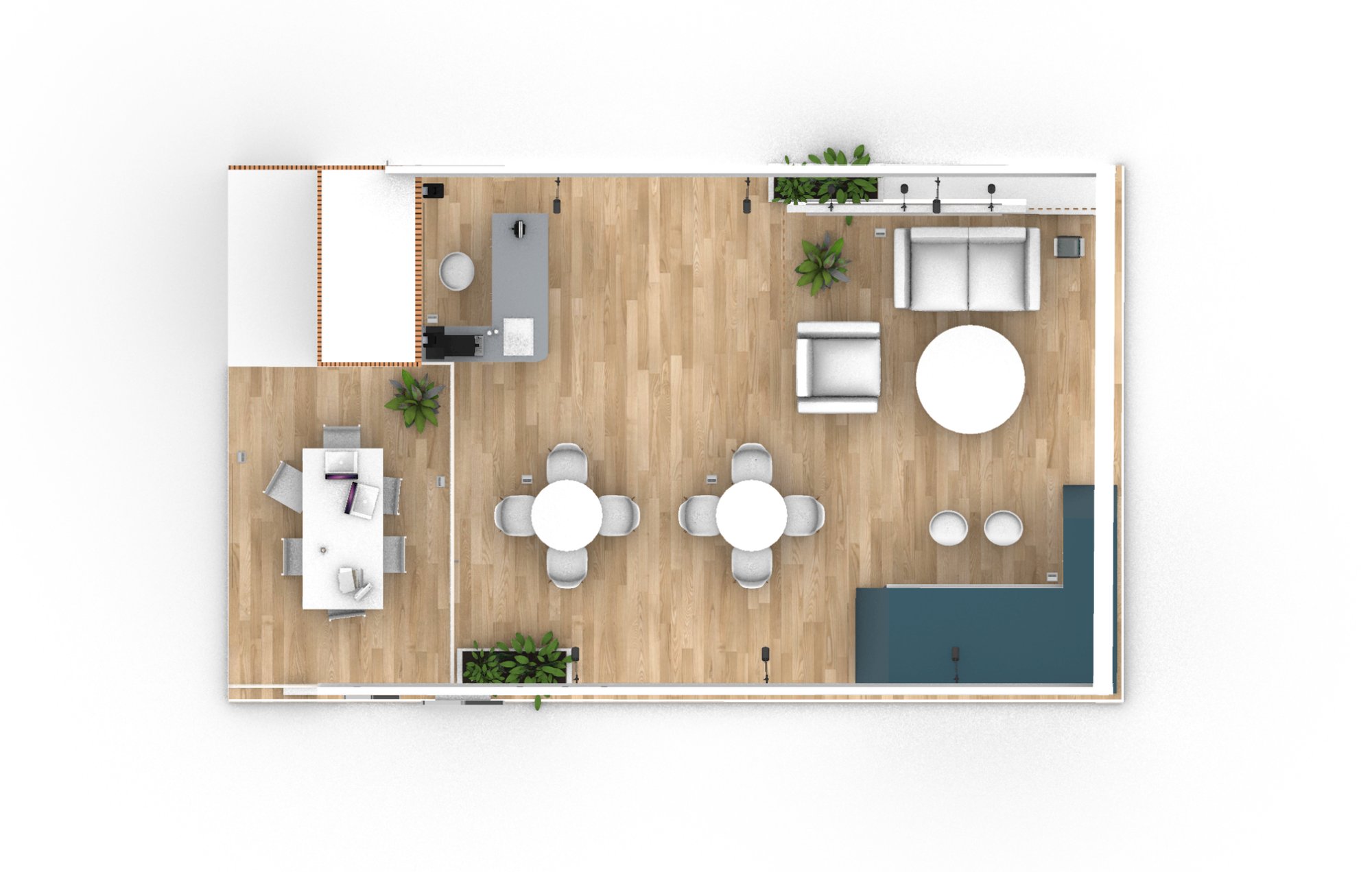 Top view render of the AFB International exhibition booth layout