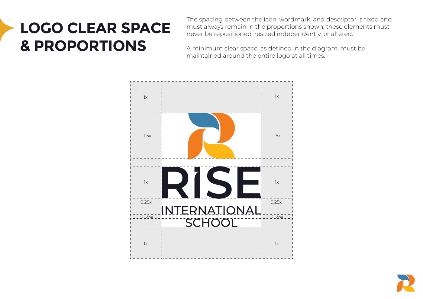 RISE International School logo clear space and proportions