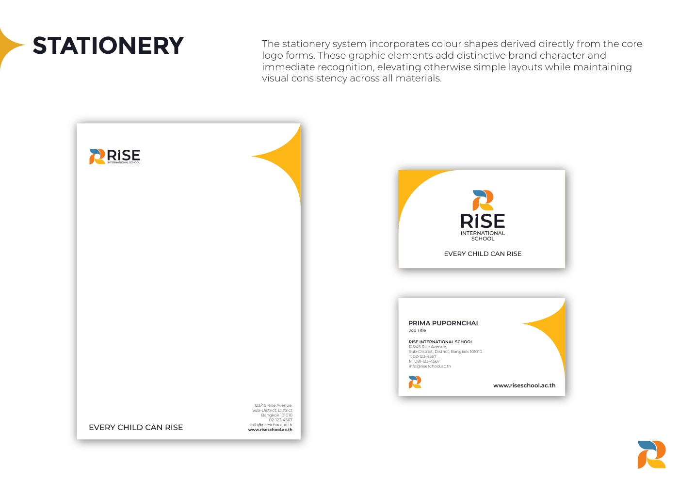 RISE International School stationery using the completed identity system